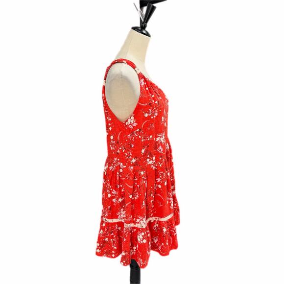 Free People All Mine Red Linen Blend One Shoulder Floral Flowy Boho Mini Dress - Picture 7 of 12